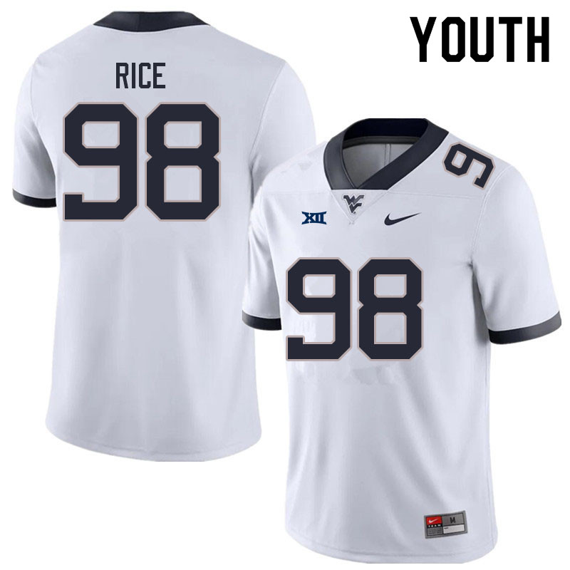 Youth #98 Cam Rice West Virginia Mountaineers College Football Jerseys Sale-White - Click Image to Close